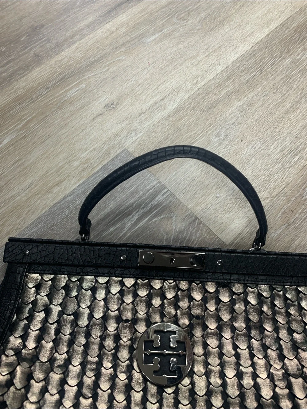 Tory Burch Gold Metallic Scaled Top-Handle Satchel with Black Trim
